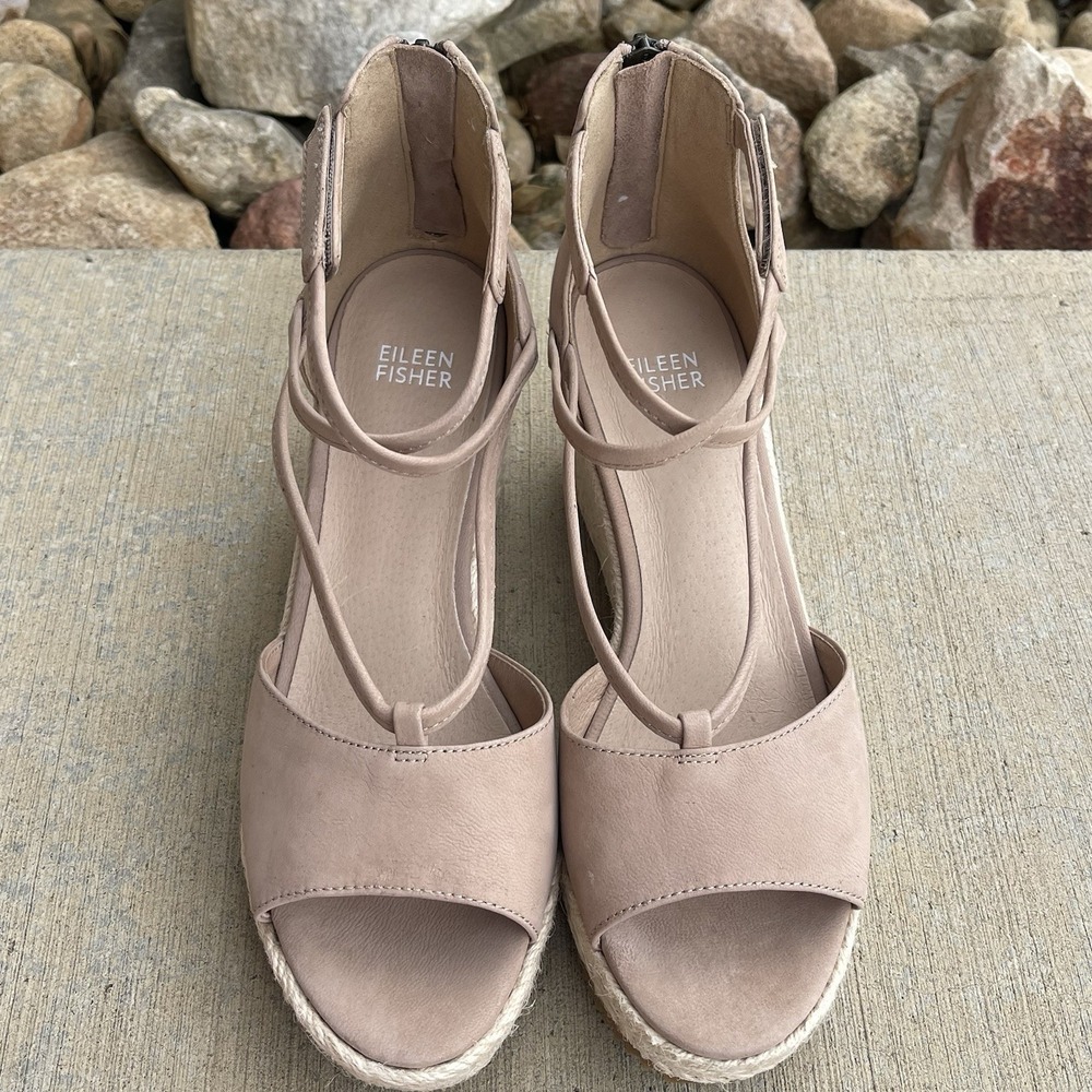 Eileen Fisher‎ Wesson Tumbled Nubuck Wedge Espadrille Sandals Womens Stone 8.5 M